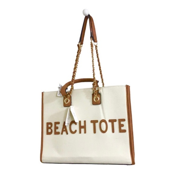 Cee Klein canvas brown trim gold chain strap crossbody‎ ‘beach tote’ tote bag - Picture 15 of 16
